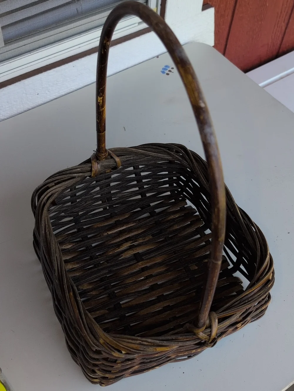 Rare! Vtg.Philippines Woven Bamboo  Square Willow Basket with Handle(226)